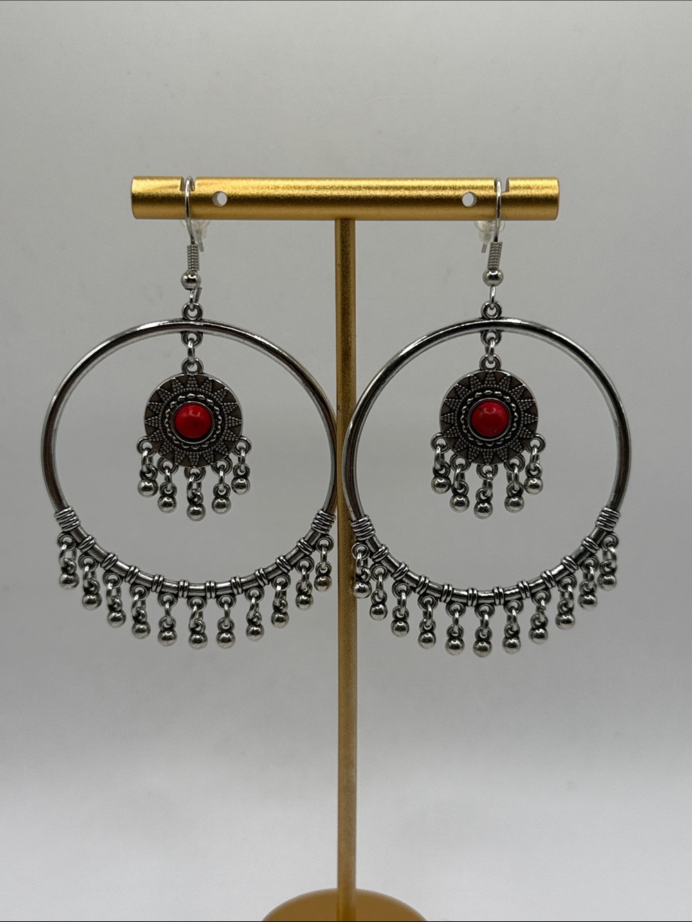 Vintage Southwestern Silver Tone Red Hoop Beaded Dangle Drop Statement Earrings